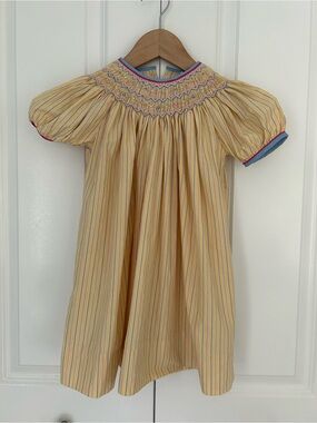 Petit Ami girls yellow striped smocked puff sleeve bishop dress 3T embroidered
